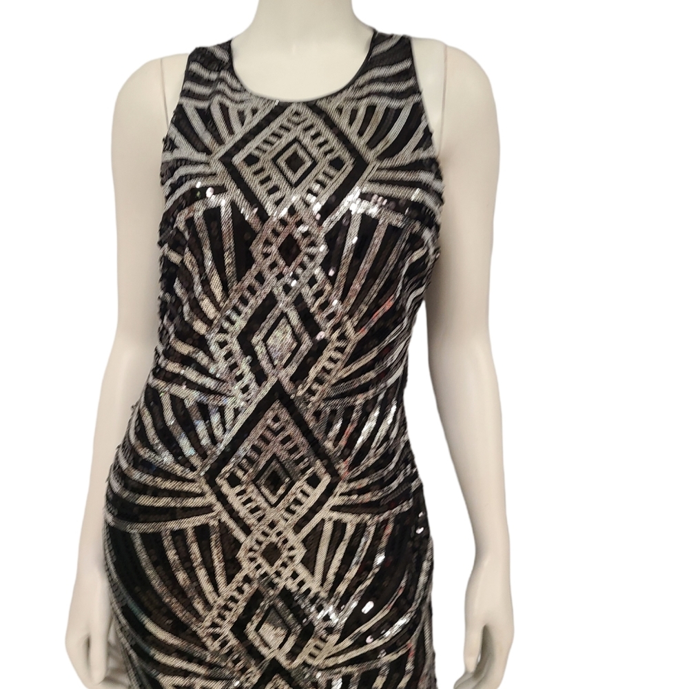 Bisou Bisou Black and Silver Aztec Sequined Dress size 8